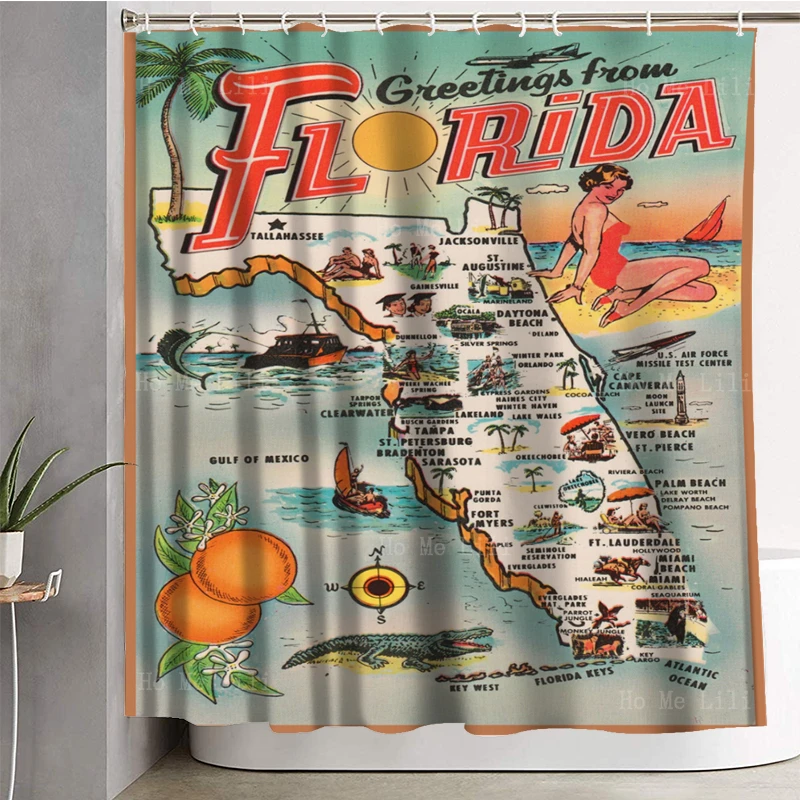 

Travel Resort Beach Vintage Map Of Florida Posters Retro Graphics Waterproof Shower Curtain By Ho Me Lili Bathroom Decor