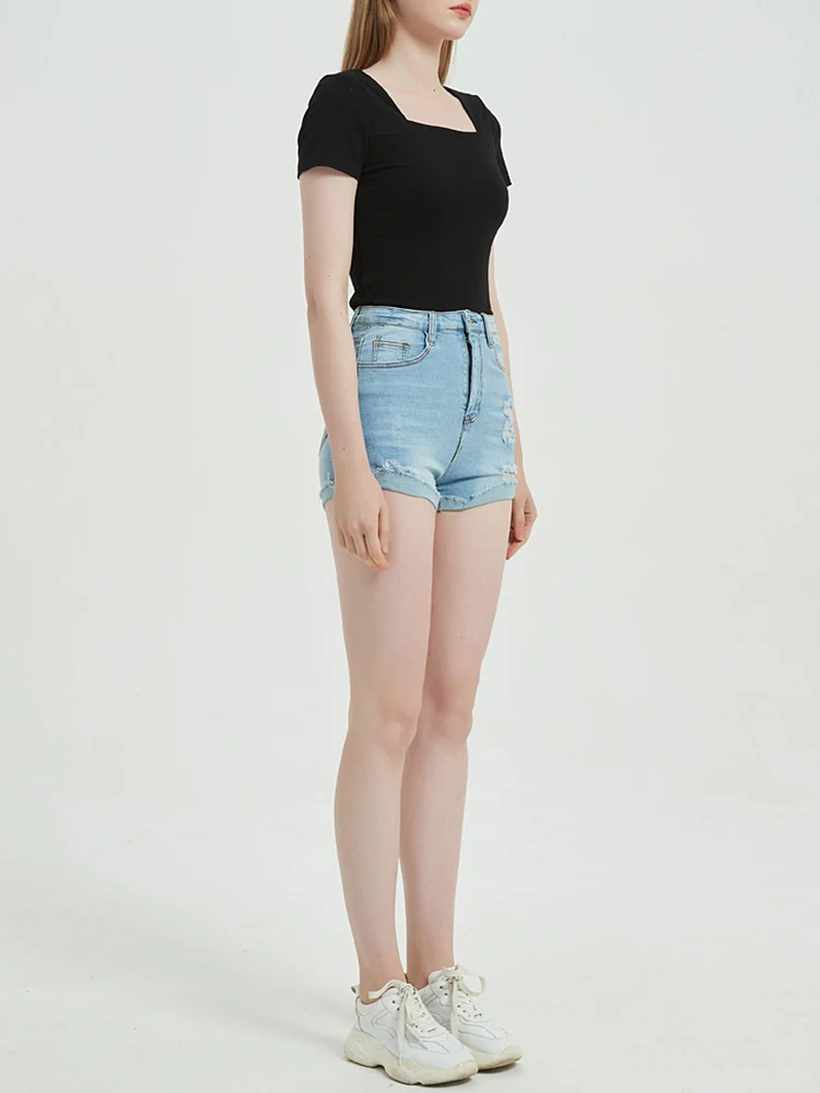 Women Vintage Hole Frayed Raw Hem Blue Denim Shorts Spring Summer Female Streetwear Button High Waist Jeans Shorts