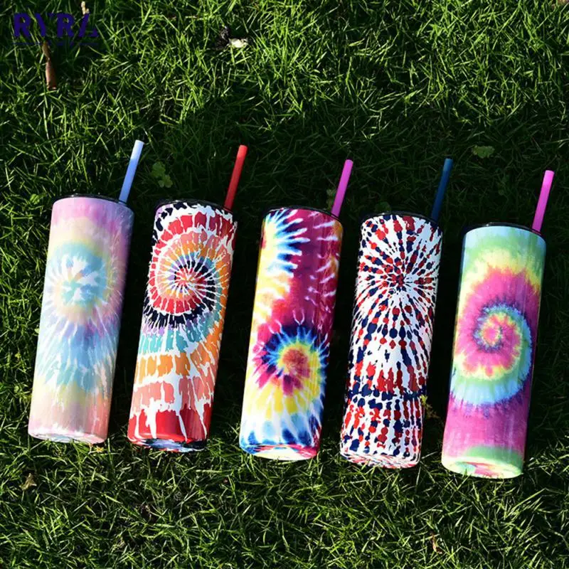 

650ml Tie-dye Insulation Water Cup Stainless Steel Straight Barrel Double Layer Thermal Mugs Outdoor Portable Creative Straw Cup