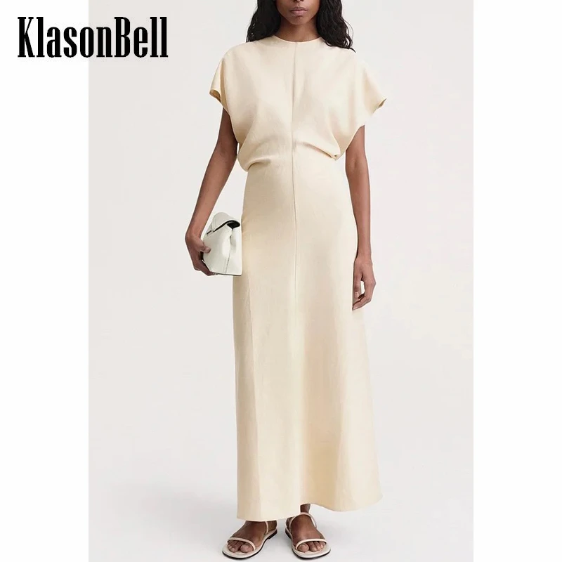 

6.13 KlasonBell Temperament Round Neck Batwing Sleeve Solid Color Collect Waist Long Dress Women