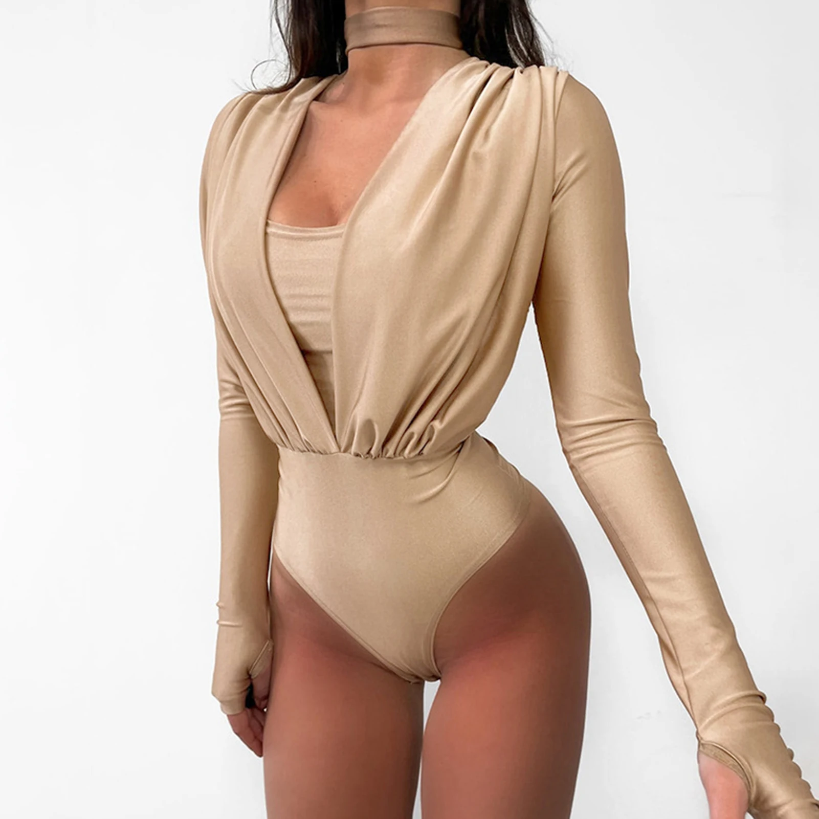 

Low Cut Women One Piece Rompers Ladies Bodycon Playsuits Long Sleeve Silk Tunic Jumpsuit Patchwork Deep V Neck Beachwear Outfit