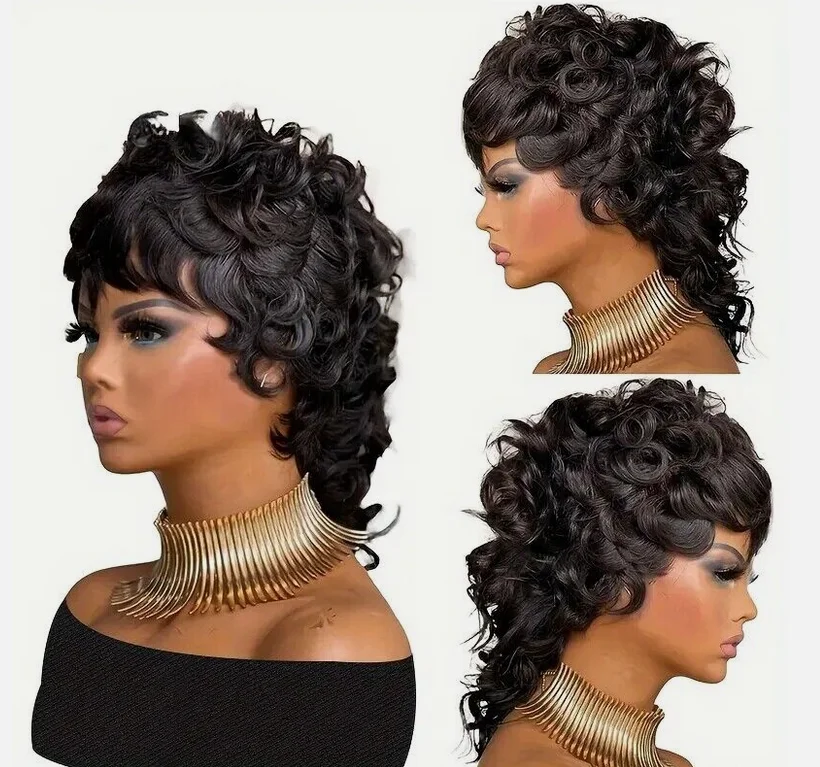 Черные короткие вьющиеся волнистые парики с челкой бразильские волосы вьющийся