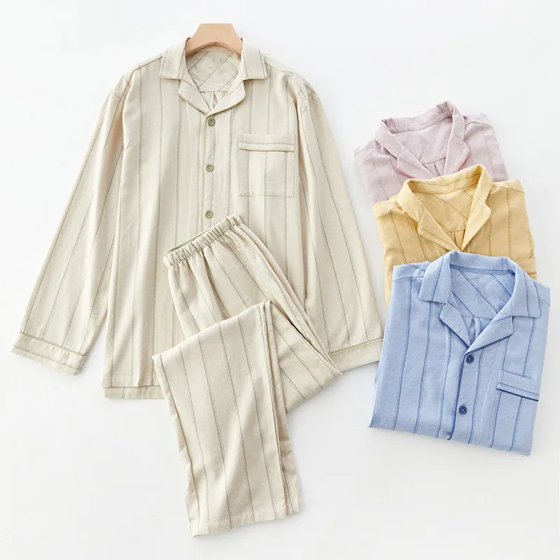 Spring and Autumn New Style Couple Pajamas Long Sleeve Pants Set 100% Cotton Stripe Casual Home Wear for Men and Women sleepwear