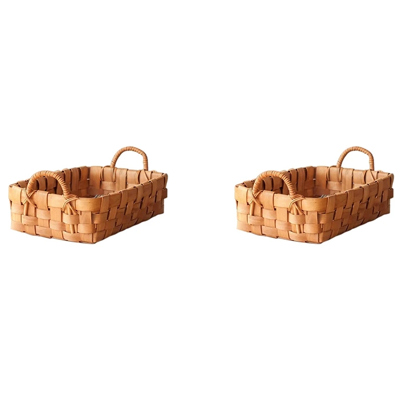 

2X Hand Woven Bread Fruit Basket And Serving Trays For Dining, Coffee Table, Kitchen Counter, With Handle