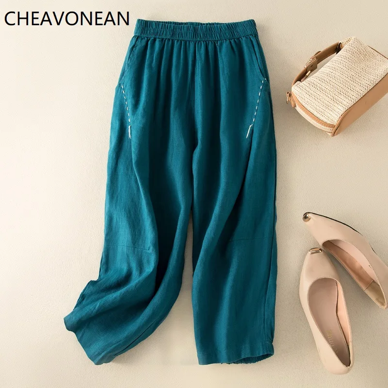 

CHEAVONEAN однотонные льняные женские укороченные брюки с эластичной талией, винтажные Широкие штаны, летние шаровары оверсайз 2022, бесплатная д...