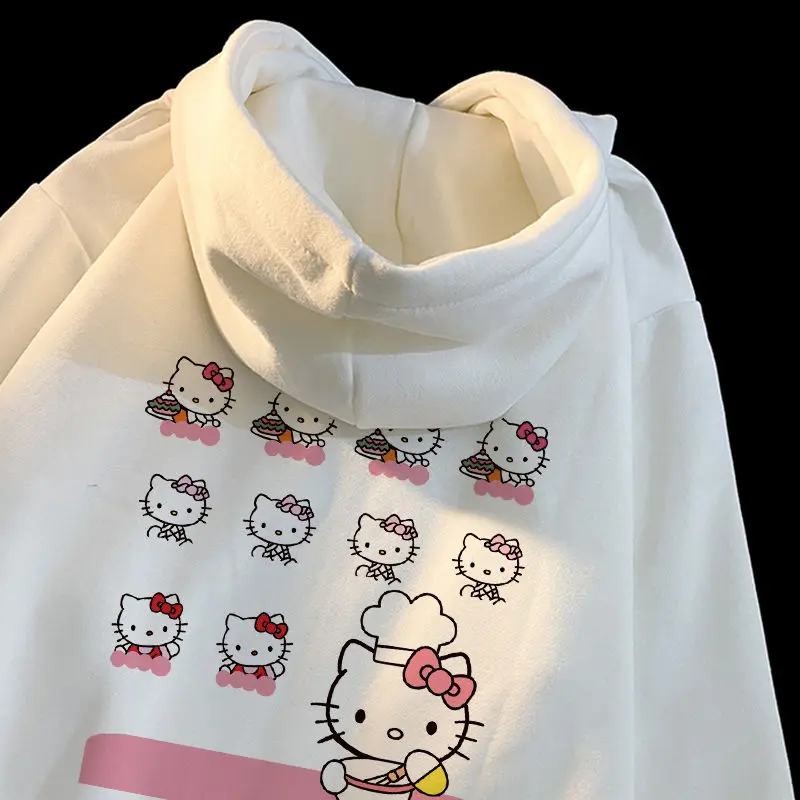 

Pretty Sanrio Hello Kitty Anime Cartoon Hoodie Female Spring Hooded Coat Kawaii Sweatshirt Beige White Top Girl Birthday Gift