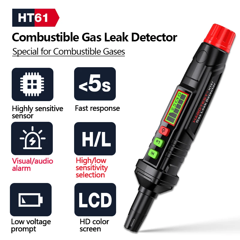 

HT61 Gas Leak Detector Gas Analyzer Pen Type Mini Portable PPM Meter Combustible Flammable Natural Tester Sound & Screen Alarm