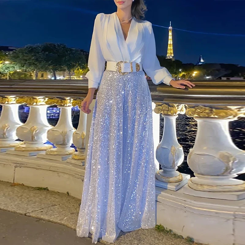 

Elegant Sequin Wide Leg Pants Office Lady Spring Commute Suits Sexy Party V-Neck Blouse Top+Trousers Women Outfits Two Piece Set