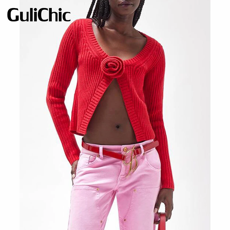 

9.5 GuliChic Women Three-Dimensional Rose Flower Rib-Knitted Wool Cardigan Deep Scoop Neckline Sexy Slim Short Knitwear