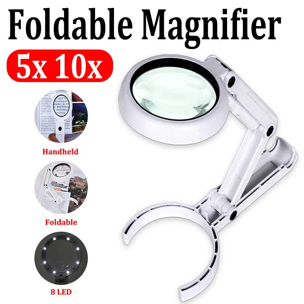 

5X 11X Lupa Loupe Magnifier Folding Lamp Reading Portable Handheld Illuminated Magnifying Glass With 8 LED Lights for Newspaper