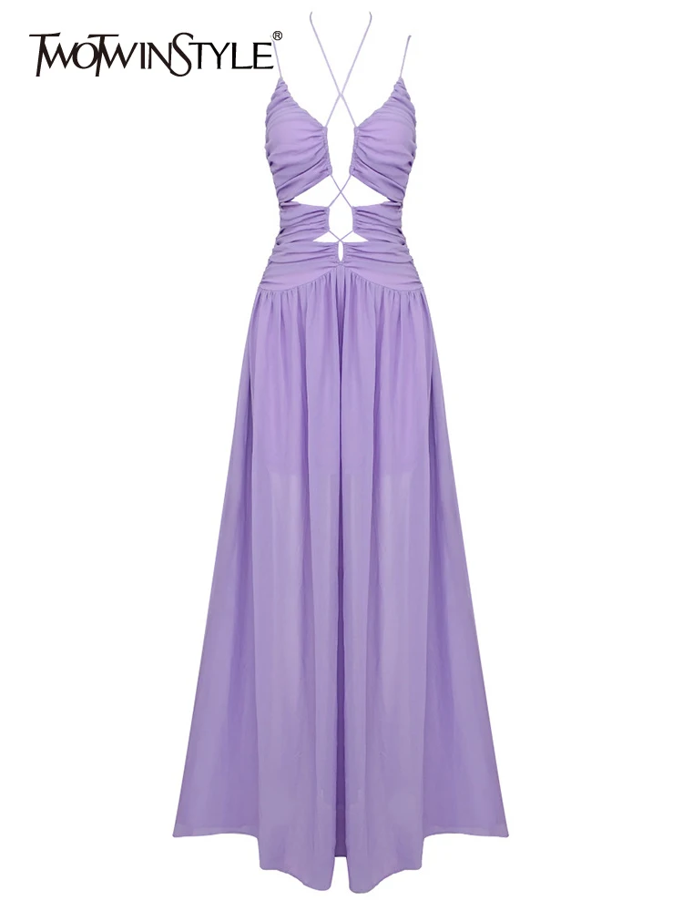 

TWOTWINSTYLE Camisole Sexy Dresses For Women V Neck Sleeveless High Waist Patchwork Folds Chiffon Dress Female Fashion Clothing