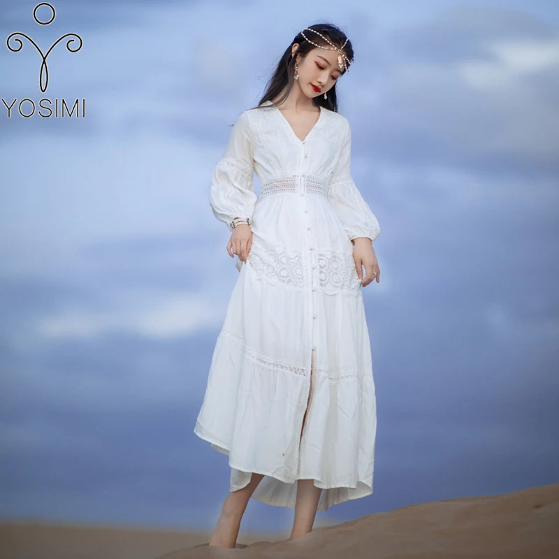 

YOSIMI Dress For Women Maxi Elegant Cotton And Linen Lace V-neck Vintage White Dress 2022 Summer Mid-calf Long Sleeve Long Dress