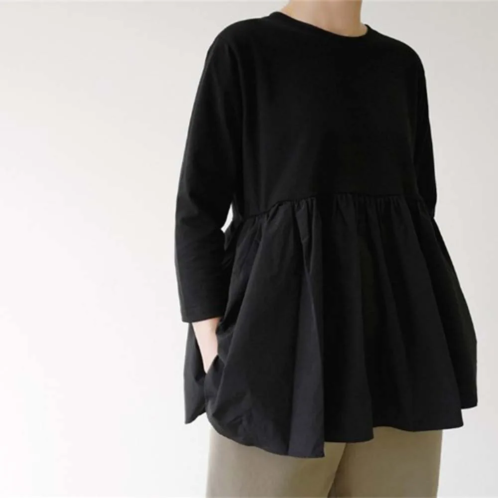 

Women's T-shirt High-waist Ruffled Long-sleeved Cotton Shirt Stitching Doll Fluffy A-line Bottoming Shirt Japanese Korean Style