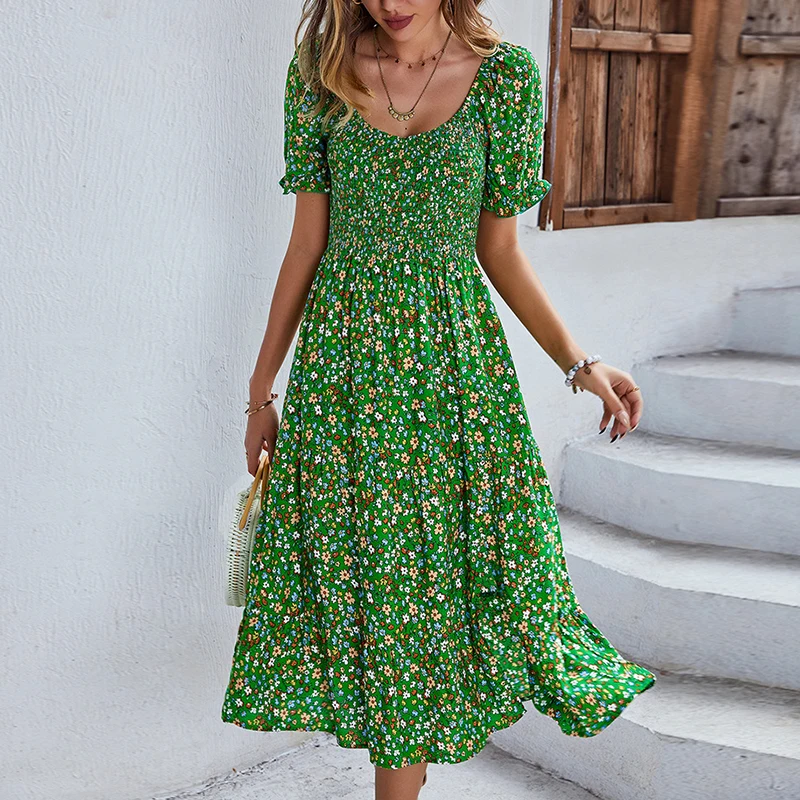 

Scoop-Neck Ditsy Floral Side Slit Midi Green Dress / Cocktail Party Dresses | Summer Boho Beach Bustier CLOTHES for Women - Maxi