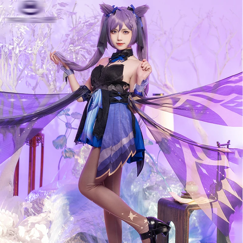 

Genshin Impact cos Keqing cosplay sexy tube top purple butterfly dress female halloween suit E