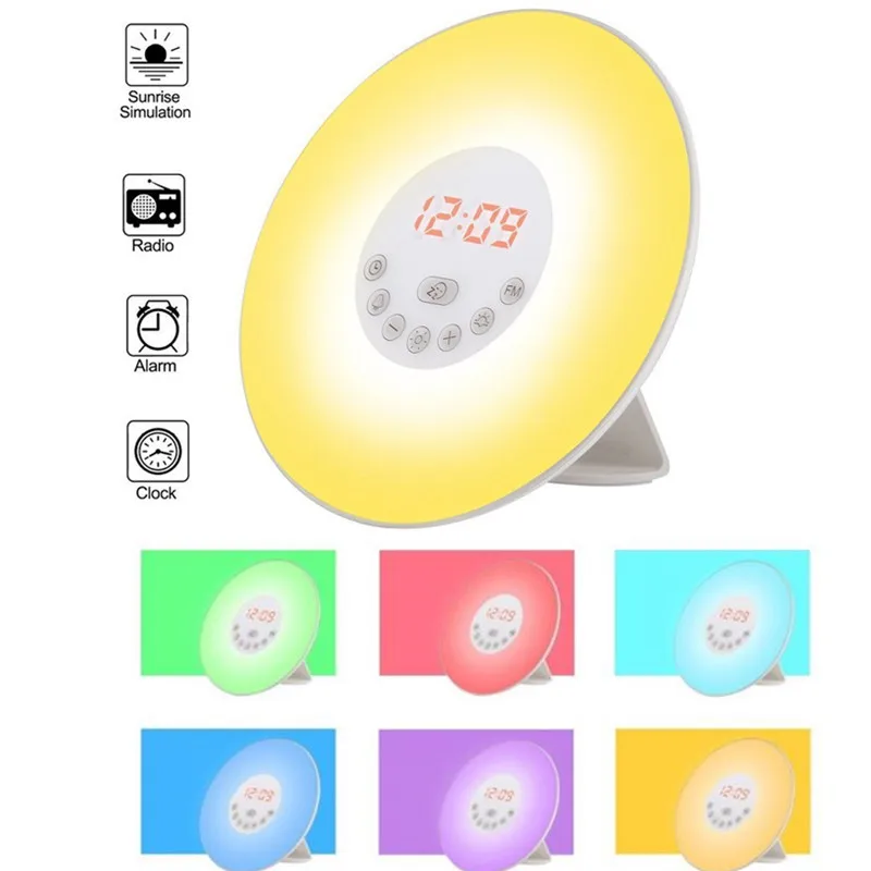 

RGB 6 Colors LED Digital Alarm Clock Wake Up Light Table Lamp Electronic Clock Sunrise Sunset Snooze Alarm Clocks FM Radio 20#