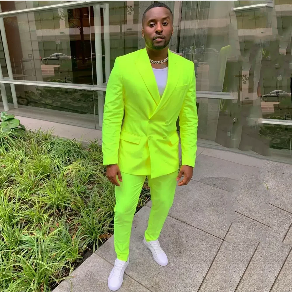 Fluorescent Green Mens Suit Business Casual Party Slim Fit Double Breasted Peak Lapel 2 Piece (Jacket+Pants) Costume Homme