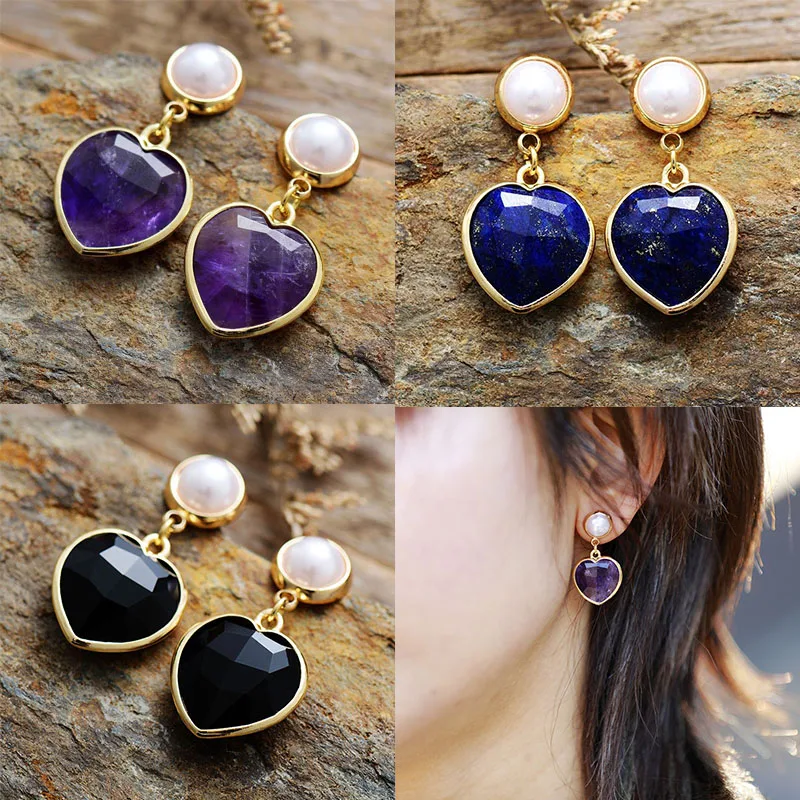 Женские серьги-гвоздики в форме сердца с аметистами лазуритом серьги для девочек