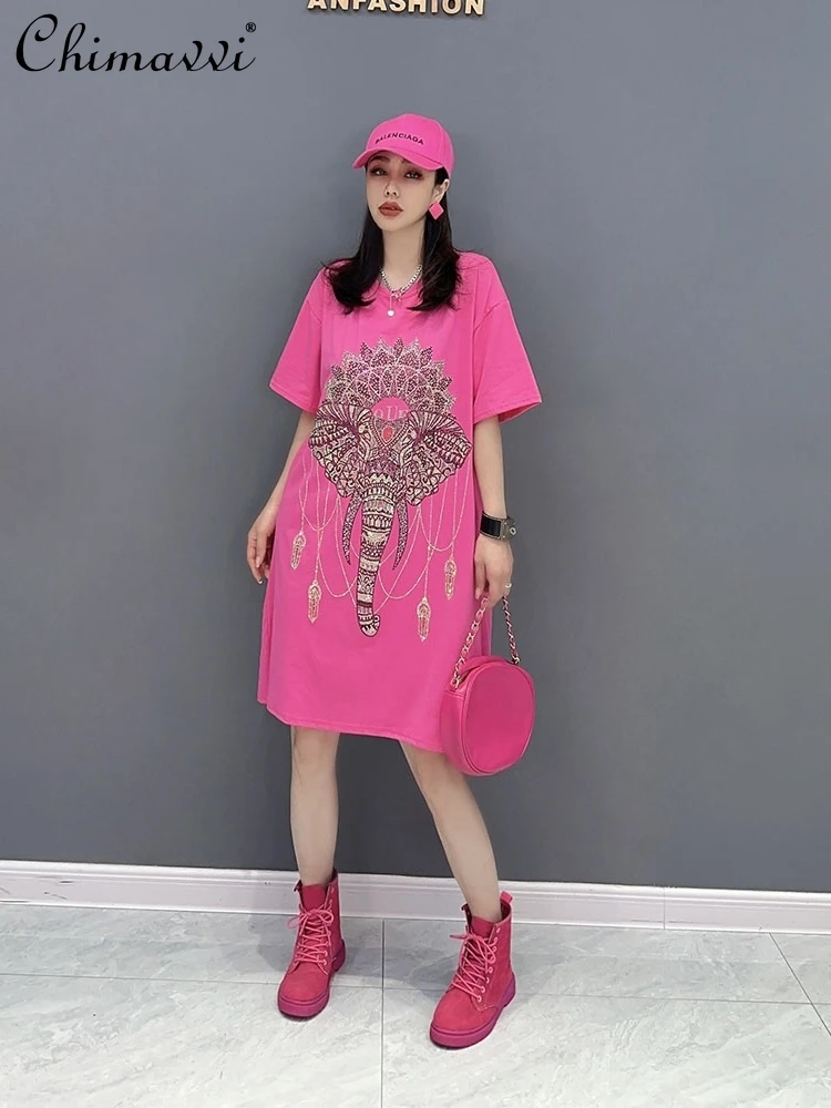 

2023 Summer New Korean Style Fashion All-Match Loose Elephant Printed Casual Dress Elegant Women's Pullover Ladies T-shirt Dress