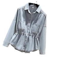 2022 early spring new loose type long sleeved waist plus size womens clothing slimming denim shirt fashion temperament top coat
