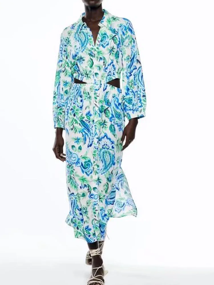 

Женское платье с длинным рукавом Kumsvag, винтажное ажурное платье-рубашка до середины икры с принтом, уличная мода на лето 2022