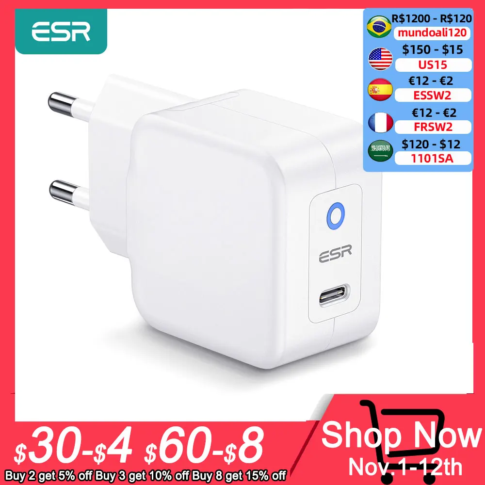 

ESR 20W Mini PD Charger for iPhone 14 Pro Max 13 S22 Ultra 20W PD Charger for iPhone iPad Fast Charging US EU Plug Wall Chargers