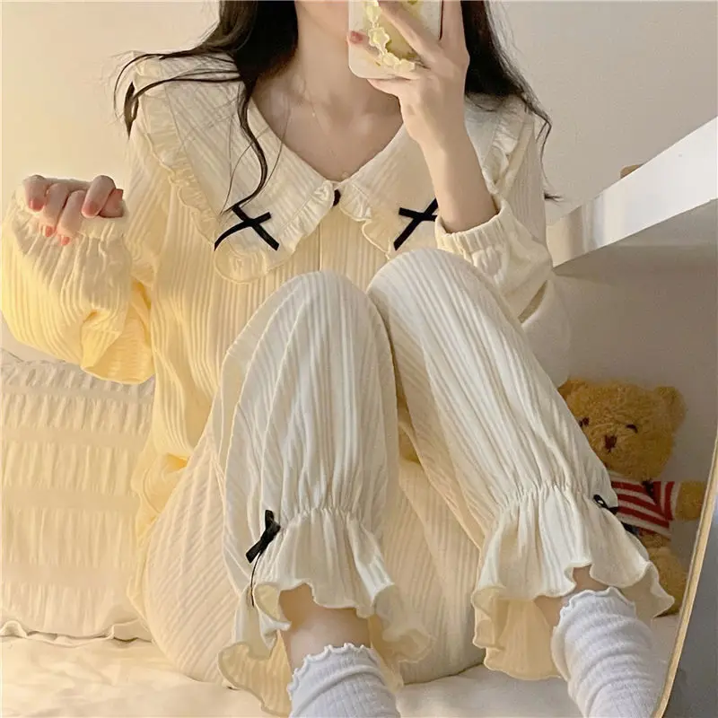 Korean Sweet Doll Collar Pajamas Women New Long Sleeve Top + Pant Suit Spring Autumn Female Sleepwear Set Pyjama Pour Femme