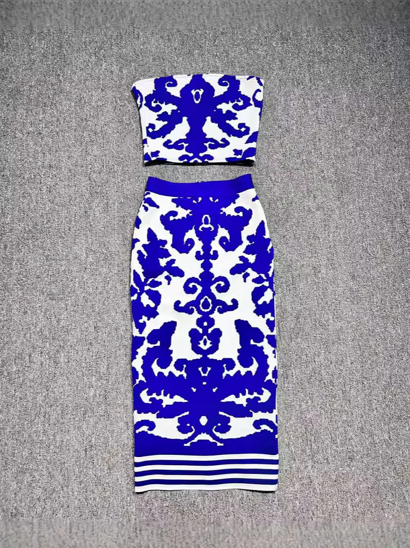 a GORAFASHION seksowny dekolt w łódkę bez ramiączek zakrętka tubki Mini top + patchwork ze sztucznego jedwabiu sukienka slim fit garnitur