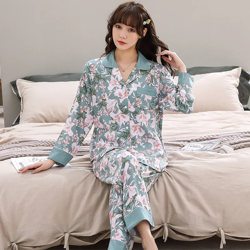 Весенняя женская Хлопковая пижама одежда для сна пижамный комплект с длинным