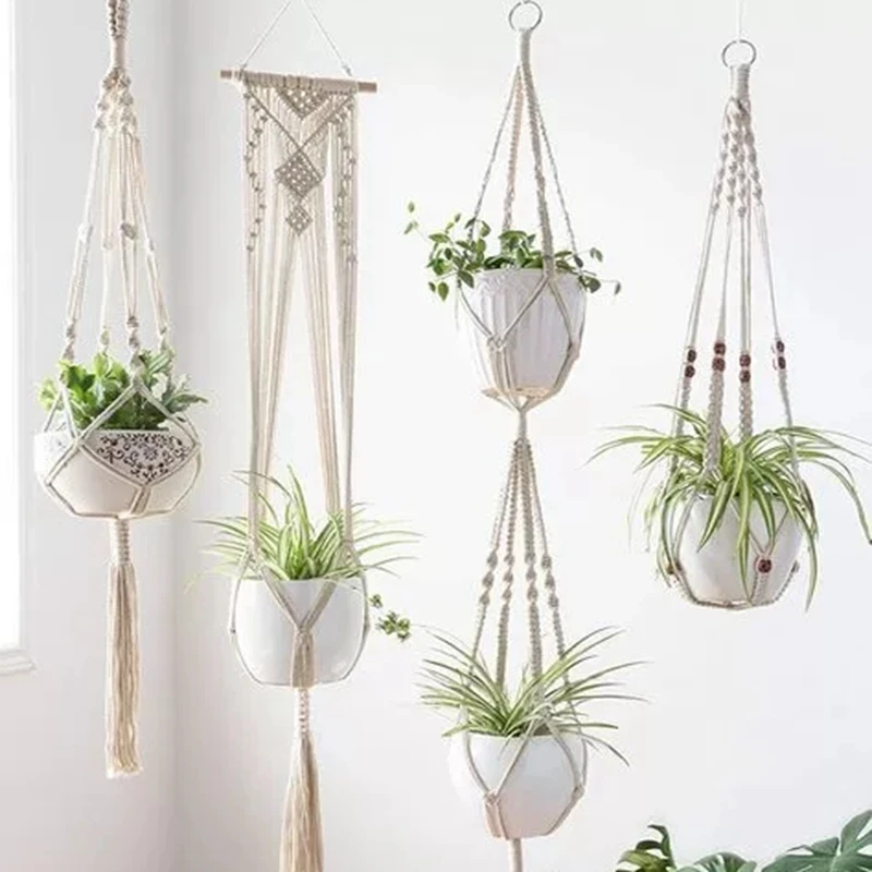 

Gardening Green Plant Hanging Basket Cotton Rope Hanger Flower Pot Handmade Macrame Pot Pocket Wall Boho Courtyard Home Decor