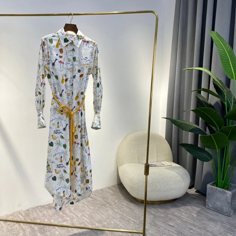 

2022 Spring Colorful Cartoon Plant Fruit Guitar Print Long Sleeve Yellow Sashes Cotton Women Midi Dress