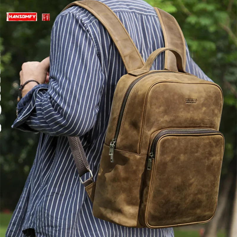 

Trendy Fashion Genuine Leather Men's Backpack Large Capacity First Layer Cowhide Travel Computer Backpacks Schoolbag