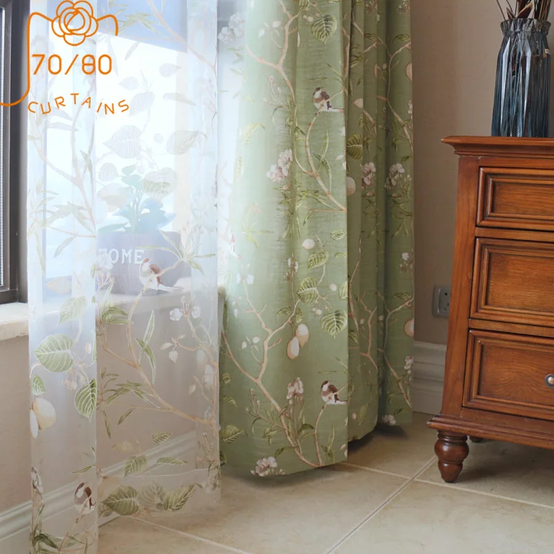 American Retro Country Bird Print Cotton and Linen Window Screen Curtains for Living Room Bedroom Finished Product