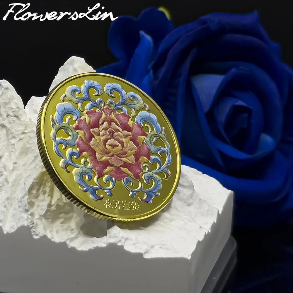 

FlowersLin красная Цветочная Монета на удачу, цветы цветут, богатство, блестящее золото и серебро, значок-сувенир