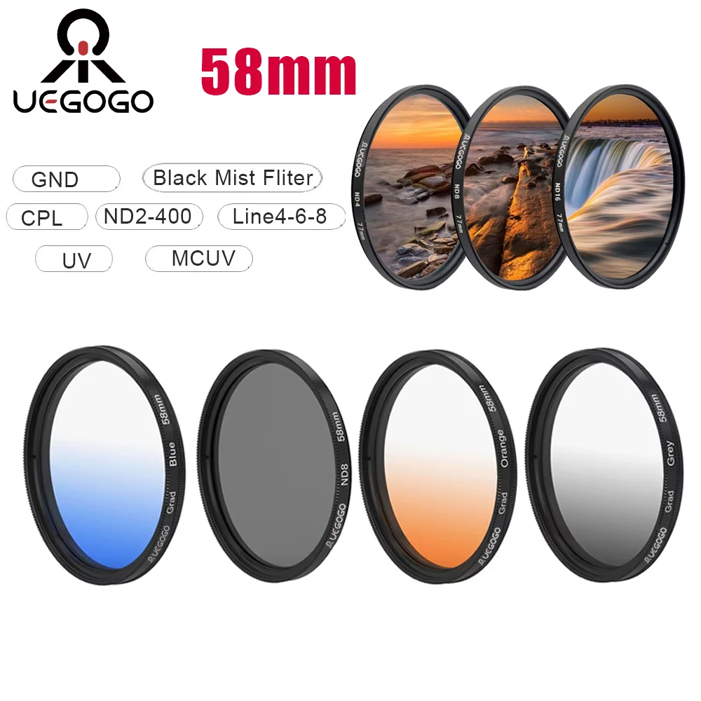 UEGOGO 58 мм Gradient Filter GND Red GrEy CPL/UV/MCUV ND2-400/Soft Focus Black Mist Diffusion Star Line 4 6 8 Фильтр для