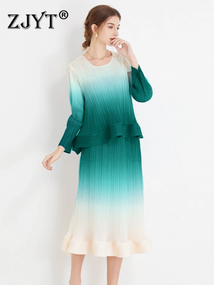 

ZJYT Autumn Fashion Gradient Pleated Skirt Top 2 Piece Dress Sets for Women 2023 Outfit Elegant Holiday Conjunto Green Purple