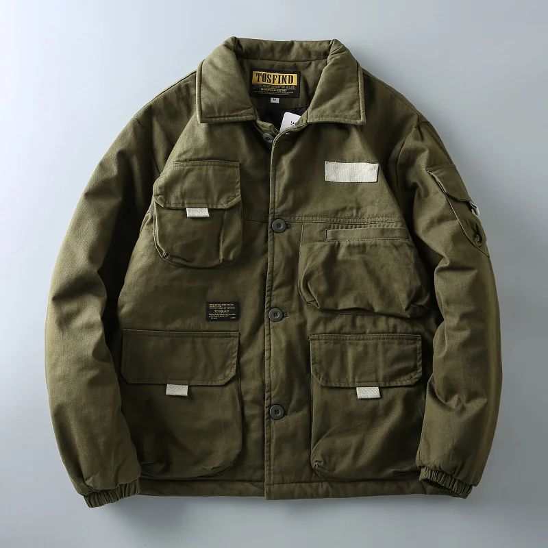 

Men's Winter Cotton New Wash Multi Pocket Loose Thick Cargo Padded Thickened Overalls Jacket