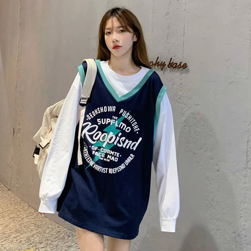 

Summer 2022 Pure Cotton Design Print Letter Tees Women O Neck Long Sleeves Patchwork T Shirt Lady Clothes Korean Street Wear New