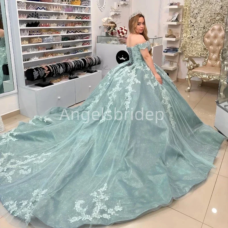 Angelsbride зеленое блестящее Тюлевое бальное платье вечерние платья с аппликацией