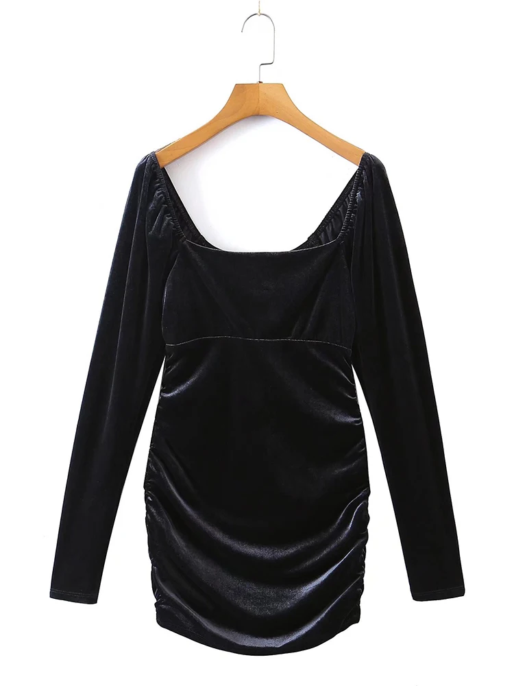 

Women Black Velvet Square Collar Mini Dress Spring Autumn Backless Elastic Slim Folds Dresses 2022