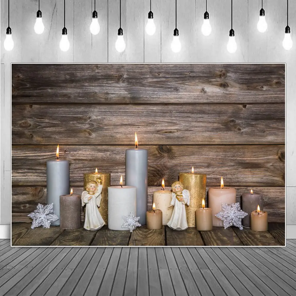 

Рождественские свечи светильник рождения Иисуса фотография Фон Пользовательские Дети деревянная доска Снежинка Украшение Студия фото фон