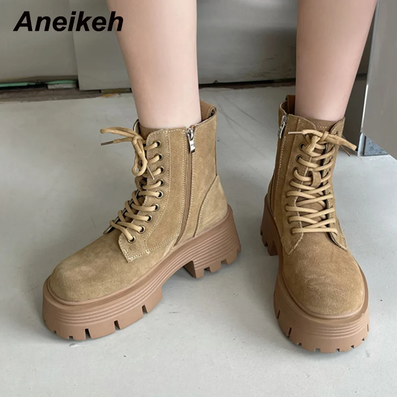 

Aneikeh Leather Thick Soled Boots 2023 Spring Autumn Lace-up Side Zippers Round Head Short Motorcycle Boots for Women Fashion