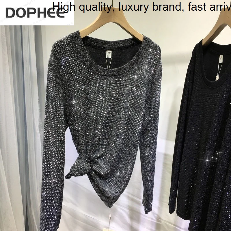 

Sparkling Silver Blingbling Wire Autumn Winter Women Bottoming Tops Out Wearing All-match O-neck Pullover Full Sleeve T-shirt