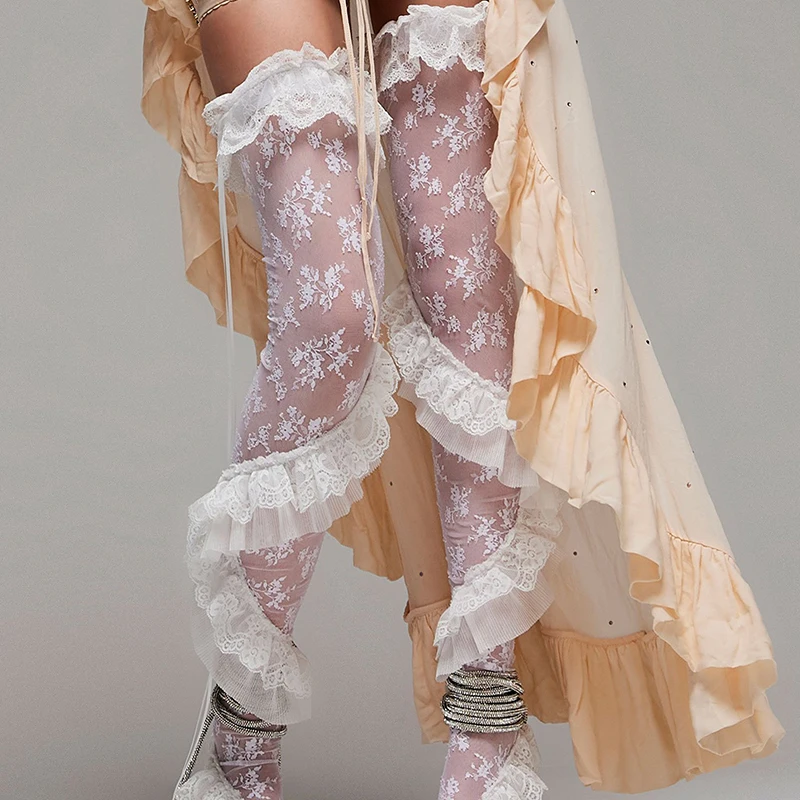 

Fairy Lace Jacquard Thigh High Socks Y2K Lolita Ruffle Mesh Over the Knee Socks Summer Girls Aesthetics Kawaii Stockings