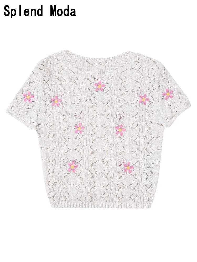 

2023 Women Summer Fashion Sweet Floral Embroidery Short Knitted Pullover Cute Hollow Out Tees Chic O-neck Cropped Tops TRAF