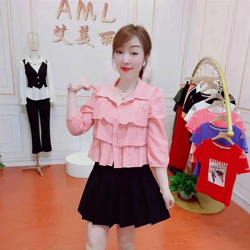 Женская рубашка с рукавом три четверти весна-лето 2024 новый стиль короткая