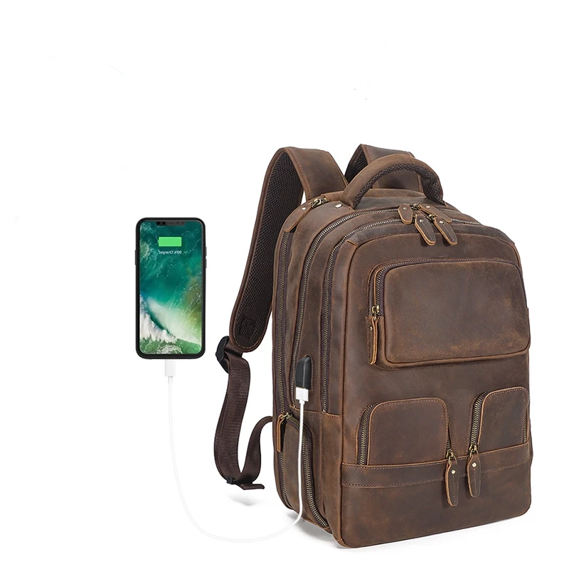 Винтажный роскошный кожаный рюкзак Crazy Horse для мужчин с USB-зарядкой ноутбука 15 6