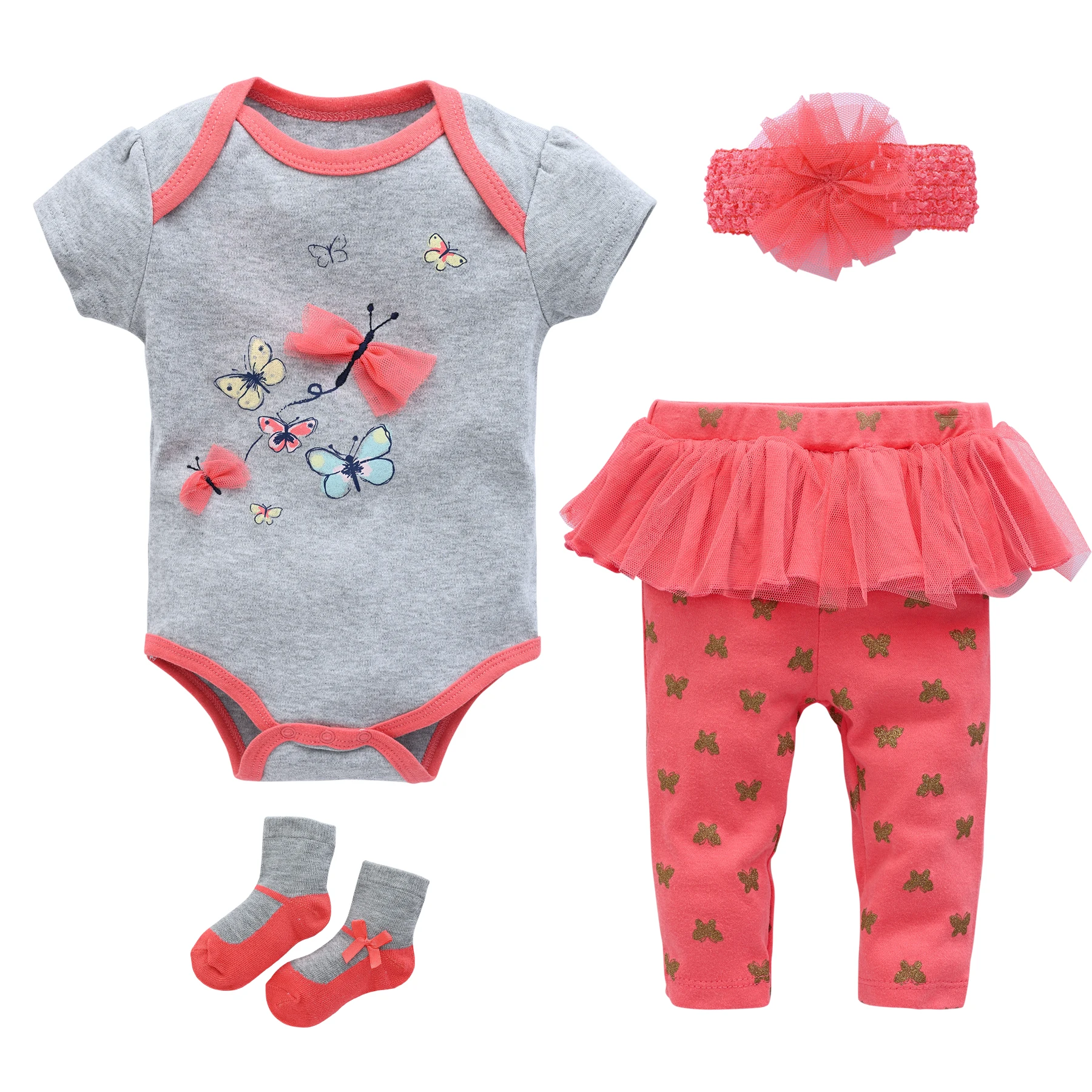 

Honeyzone Baby Girls Clothes Infant Cute 4Pcs/Set Bodysuits Newborn Kids Headband Shoes Toddler Long Pants Roupas De Bebe Menina