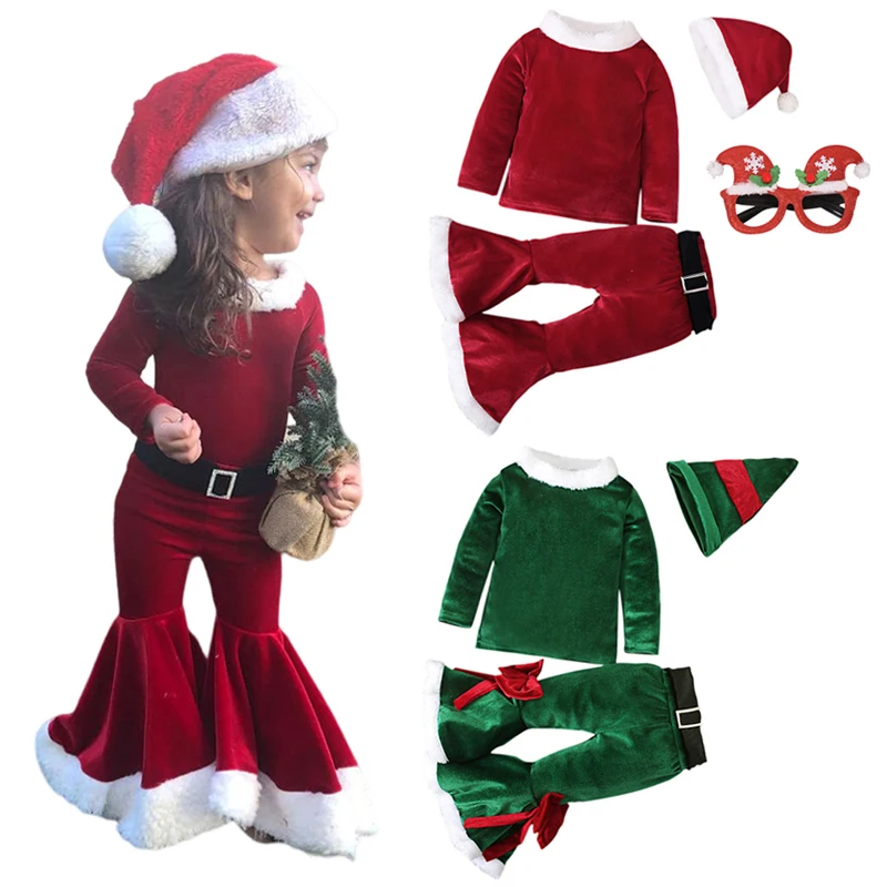 

2023 Girls Christmas Cosplay Long Sleeve Bell Bottom Velvet Suit Carnival Party Santa Claus Costume For 2-10 Years