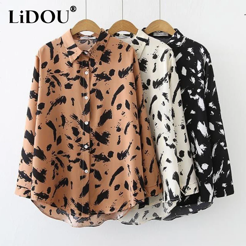 

Spring Autumn Vintage Leopard Print Buttons Shirt Top Women Elegant Fashion Long Sleeve Blouse Lady Loose Casual All-match Blusa